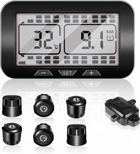 Trailer RV Tire Pressure Monitoring System with 6 Sensors, Large Screen 6 Alarm Modes Solar/USB Charge TPMS with Signal Repeater(150ft Sensing Distance), Real-Time Display Pressure&Tempereture
