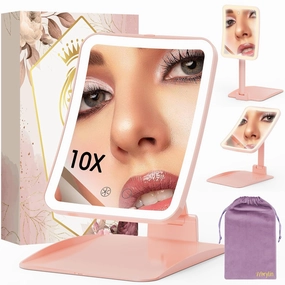 Travel Makeup Mirror with Lights and Magnification 10X, Upgraded Triple-Fold Portable Magnifying Mirror, Adjustable Height/Angle Desk Mirrors with 3-Color Dimmable LED Vanity Mirror, Pink