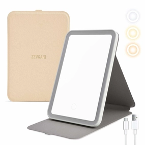 Travel Mirror with Light, Portable Makeup Mirror LED Lights 3 Color Touch Screen Dimmable Brightness, Rechargeable Vanity Mirror Tabletop, Hand Held Mirror Compact Mirror, Leather Cover, Beige