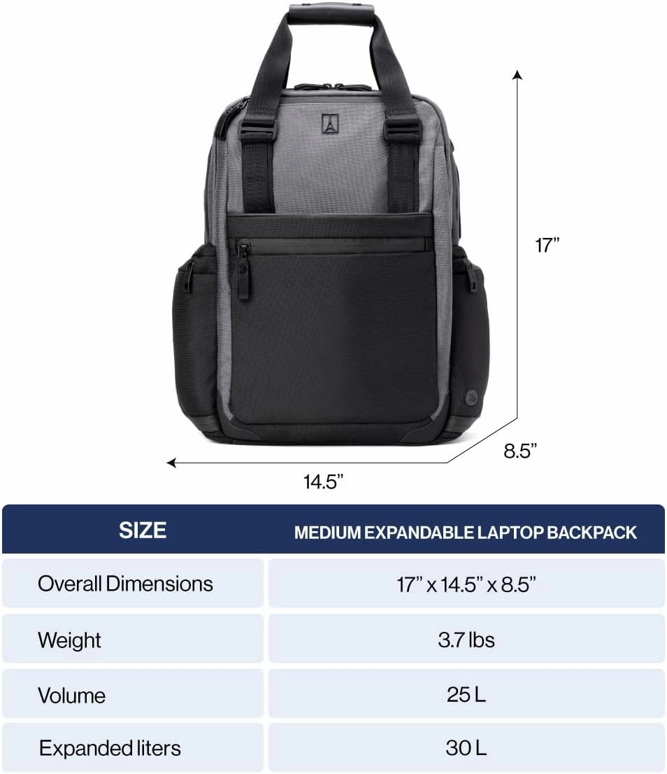 Travelpro Altitude Medium Expandable Travel Laptop Backpack 25-30L, 16 Inch Laptop, Water Resistant, Work, Business, Men and Women, Falcon Grey