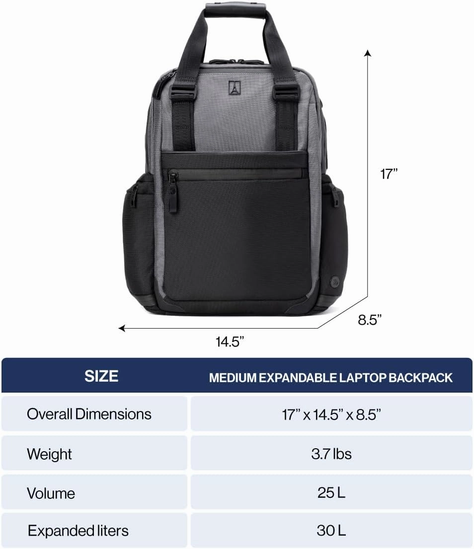 Travelpro Altitude Medium Expandable Travel Laptop Backpack 25-30L, 16 Inch Laptop, Water Resistant, Work, Business, Men and Women, Stellar Navy/Grey