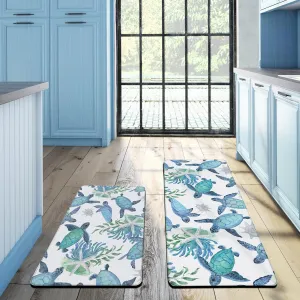 Tritard Coastal Beach Kitchen Rugs Mats Set of 2 Cushioned Anti Fatigue Kitchen Floor Mat 0.4 Inch Sea Turtles Non Slip Waterproof Kitchen Rug PVC Leather Comfort Mats for Kitchen, Blue, 17x28 17x47