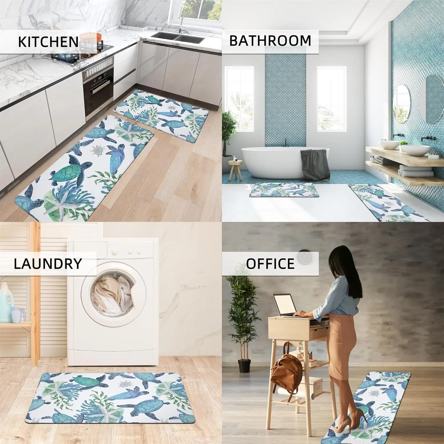 Tritard Coastal Beach Kitchen Rugs Mats Set of 2 Cushioned Anti Fatigue Kitchen Floor Mat 0.4 Inch Sea Turtles Non Slip Waterproof Kitchen Rug PVC Leather Comfort Mats for Kitchen, Blue, 17x28 17x47