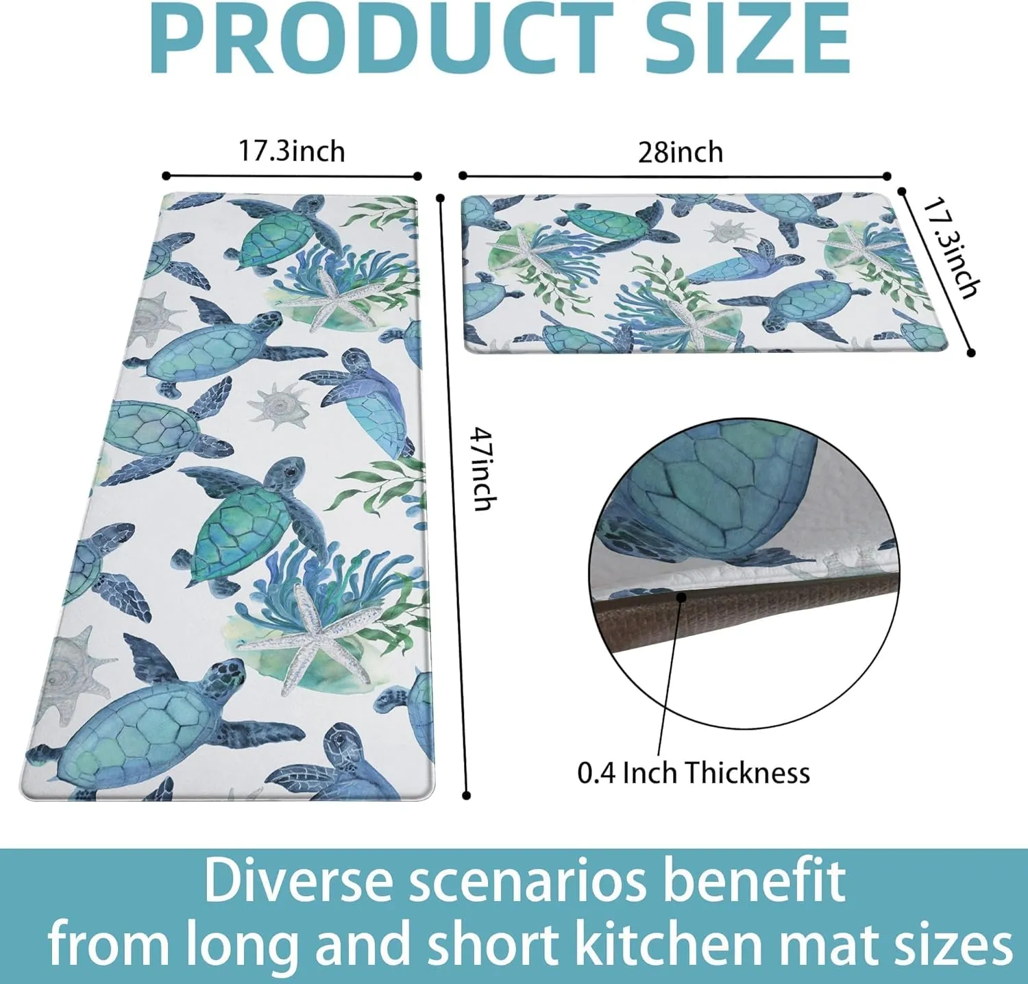 Tritard Coastal Beach Kitchen Rugs Mats Set of 2 Cushioned Anti Fatigue Kitchen Floor Mat 0.4 Inch Sea Turtles Non Slip Waterproof Kitchen Rug PVC Leather Comfort Mats for Kitchen, Blue, 17x28 17x47