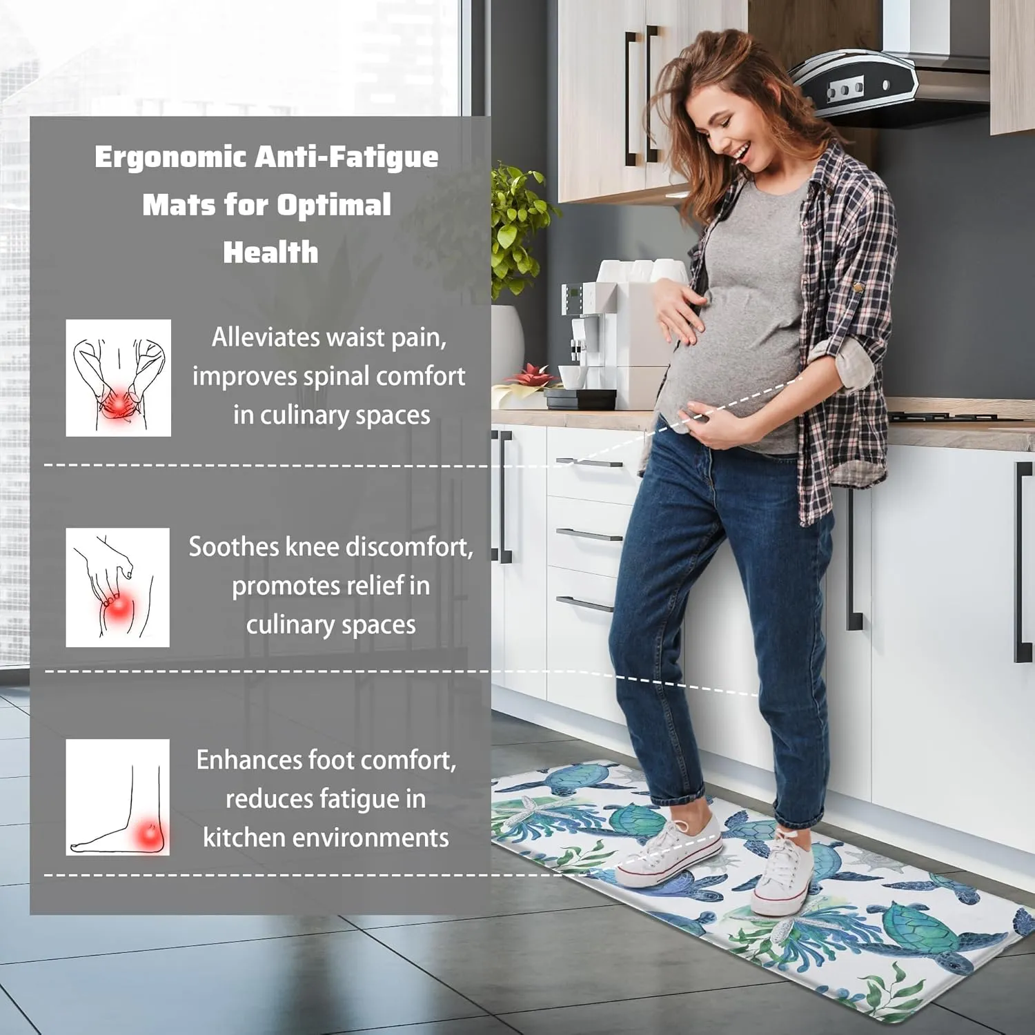 Tritard Coastal Beach Kitchen Rugs Mats Set of 2 Cushioned Anti Fatigue Kitchen Floor Mat 0.4 Inch Sea Turtles Non Slip Waterproof Kitchen Rug PVC Leather Comfort Mats for Kitchen, Blue, 17x28 17x47