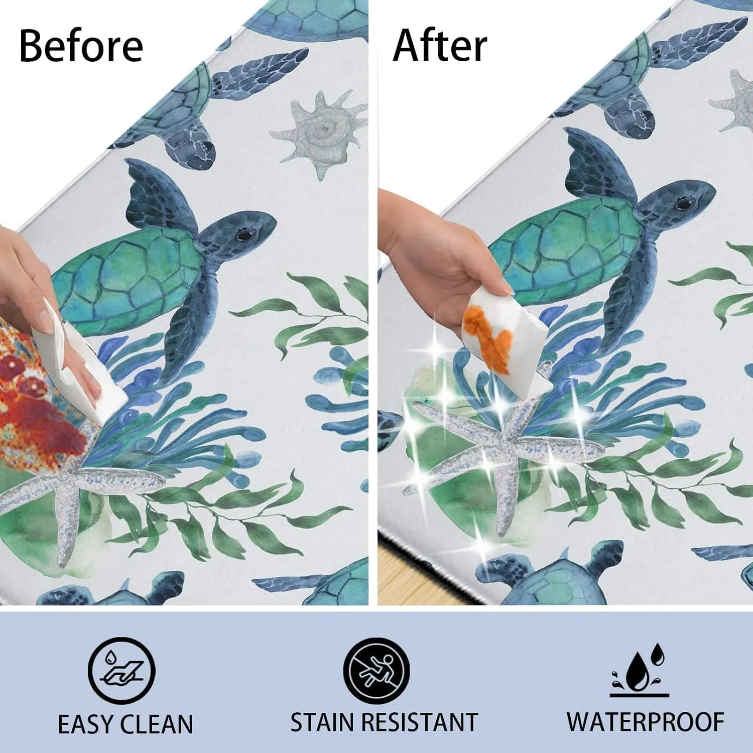 Tritard Coastal Beach Kitchen Rugs Mats Set of 2 Cushioned Anti Fatigue Kitchen Floor Mat 0.4 Inch Sea Turtles Non Slip Waterproof Kitchen Rug PVC Leather Comfort Mats for Kitchen, Blue, 17x28 17x47