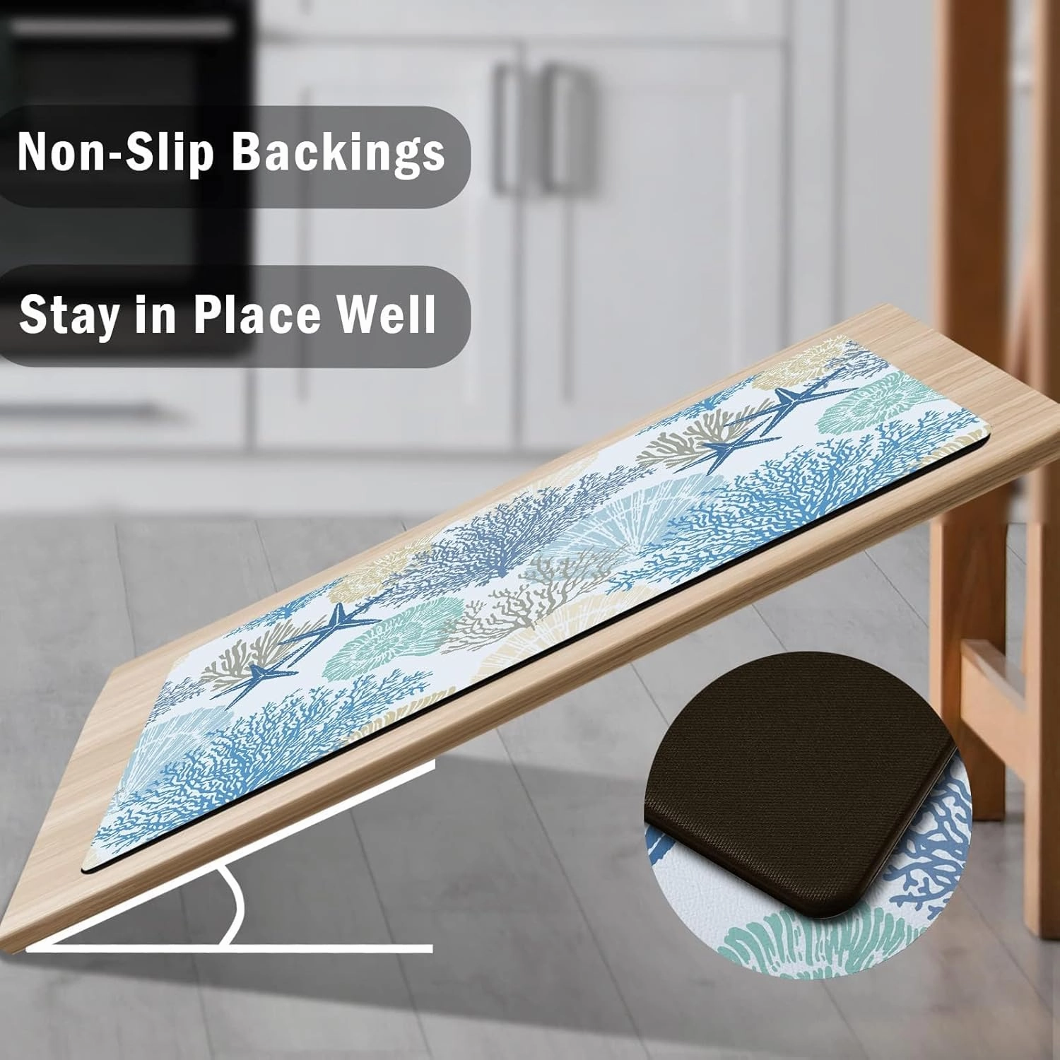 Tritard Coastal Beach Theme Kitchen Mats Rugs Set of 2 Anti Fatigue Kitchen Mats for Floor Memory Foam Cushioned Waterproof Non Slip Comfort Standing Mat for Sink Laundry, Blue, 17.3"x 28" 17.3"x 47"