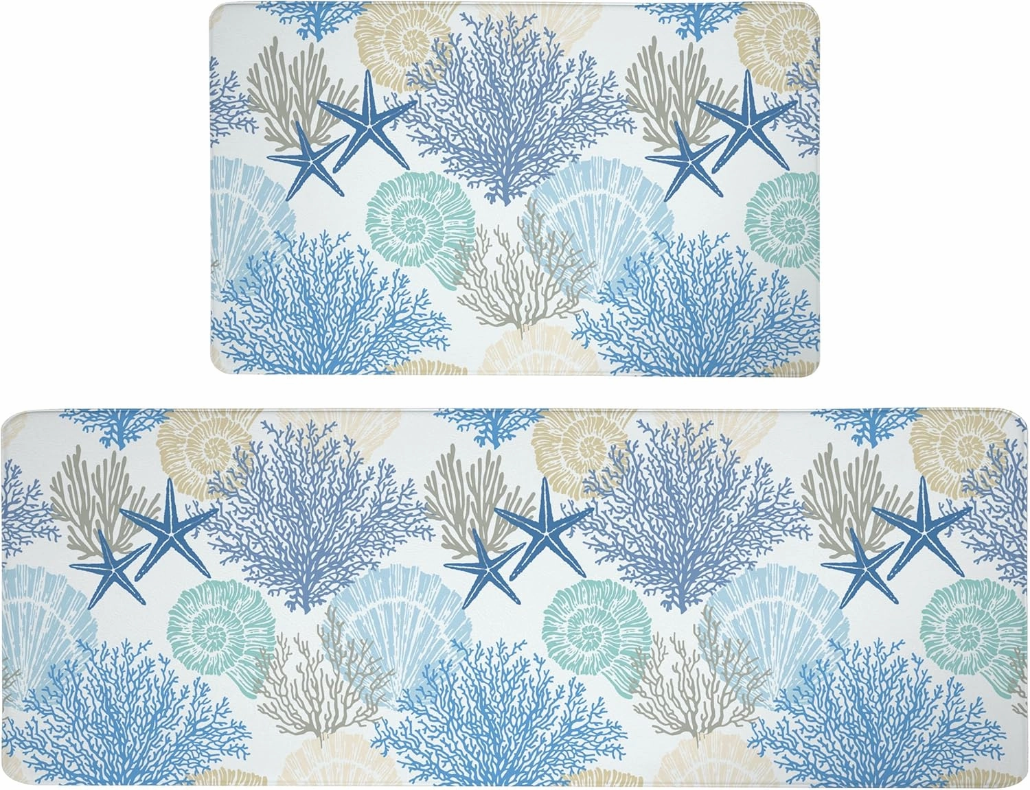 Tritard Coastal Beach Theme Kitchen Mats Rugs Set of 2 Anti Fatigue Kitchen Mats for Floor Memory Foam Cushioned Waterproof Non Slip Comfort Standing Mat for Sink Laundry, Blue, 17.3"x 28" 17.3"x 47"