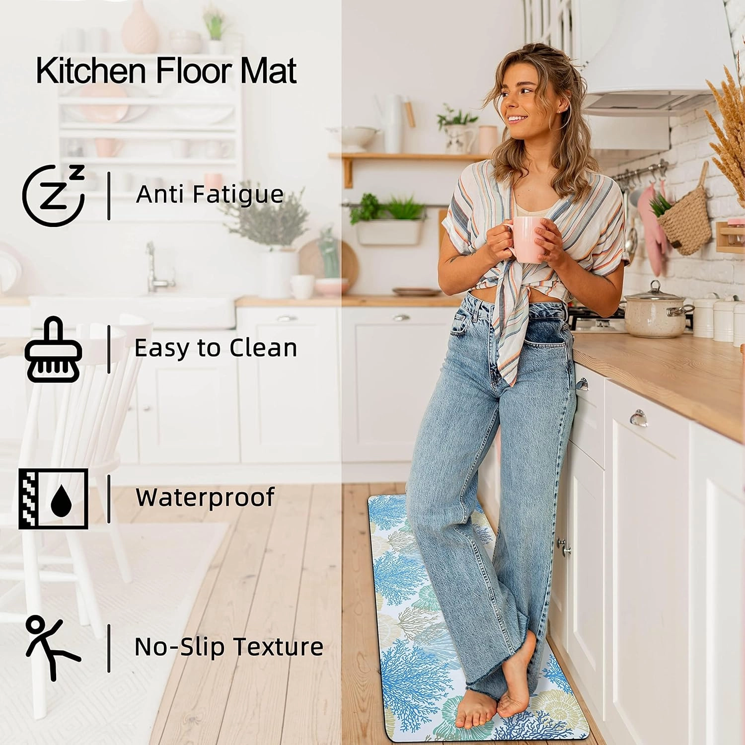 Tritard Coastal Beach Theme Kitchen Mats Rugs Set of 2 Anti Fatigue Kitchen Mats for Floor Memory Foam Cushioned Waterproof Non Slip Comfort Standing Mat for Sink Laundry, Blue, 17.3"x 28" 17.3"x 47"
