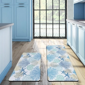 Tritard Coastal Beach Theme Kitchen Mats Rugs Set of 2 Anti Fatigue Kitchen Mats for Floor Memory Foam Cushioned Waterproof Non Slip Comfort Standing Mat for Sink Laundry, Blue, 17.3"x 28" 17.3"x 47"