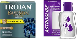 Trojan Bareskin Thin Premium Lubricated Condoms - 24 Count & Astroglide Liquid Personal Lubricant (2.5oz), Water Based Lube, Dr. Recommended Brand