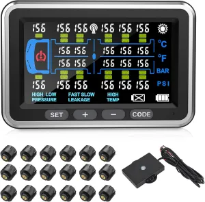 Truck Tire Pressure Monitoring System 13Bar/0-199PSI with 18 sensors TP22 tpms for RV/Trailer Color Display 6 Alert Modes for Heavy Trucks and Long Body Vehicles