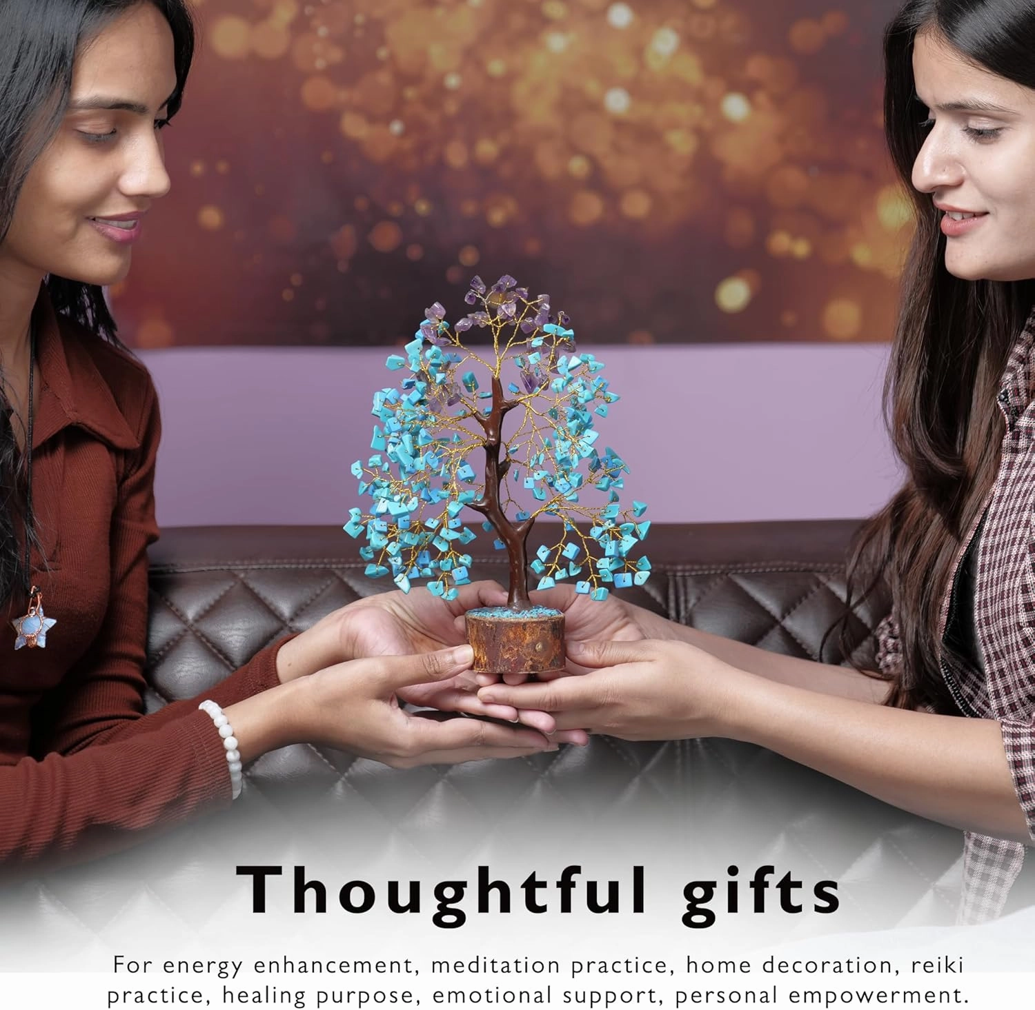 Turquoise, Amethyst Crystal Tree - Feng Shui Decor - Natural Raw Purple Amethyst, Gemstone Tree, Office Decor, Crystal Gifts, Positive Energy Stones