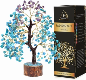 Turquoise, Amethyst Crystal Tree - Feng Shui Decor - Natural Raw Purple Amethyst, Gemstone Tree, Office Decor, Crystal Gifts, Positive Energy Stones