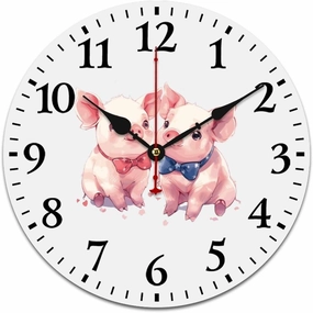 Two Cute Pigs Wall Clock Silent Non-Ticking Battery Operated Wooden Clock Decoration for Home Office Living Room