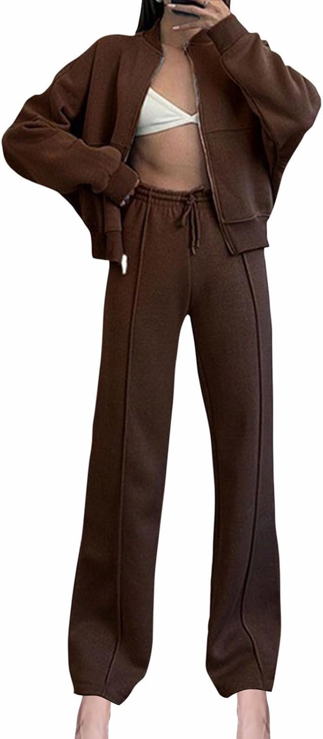 Two Piece Sets for Women Going Out Solid Zipper Sweatsuits Casual Straight Leg Pants Set 2 Piece Travel Outfits