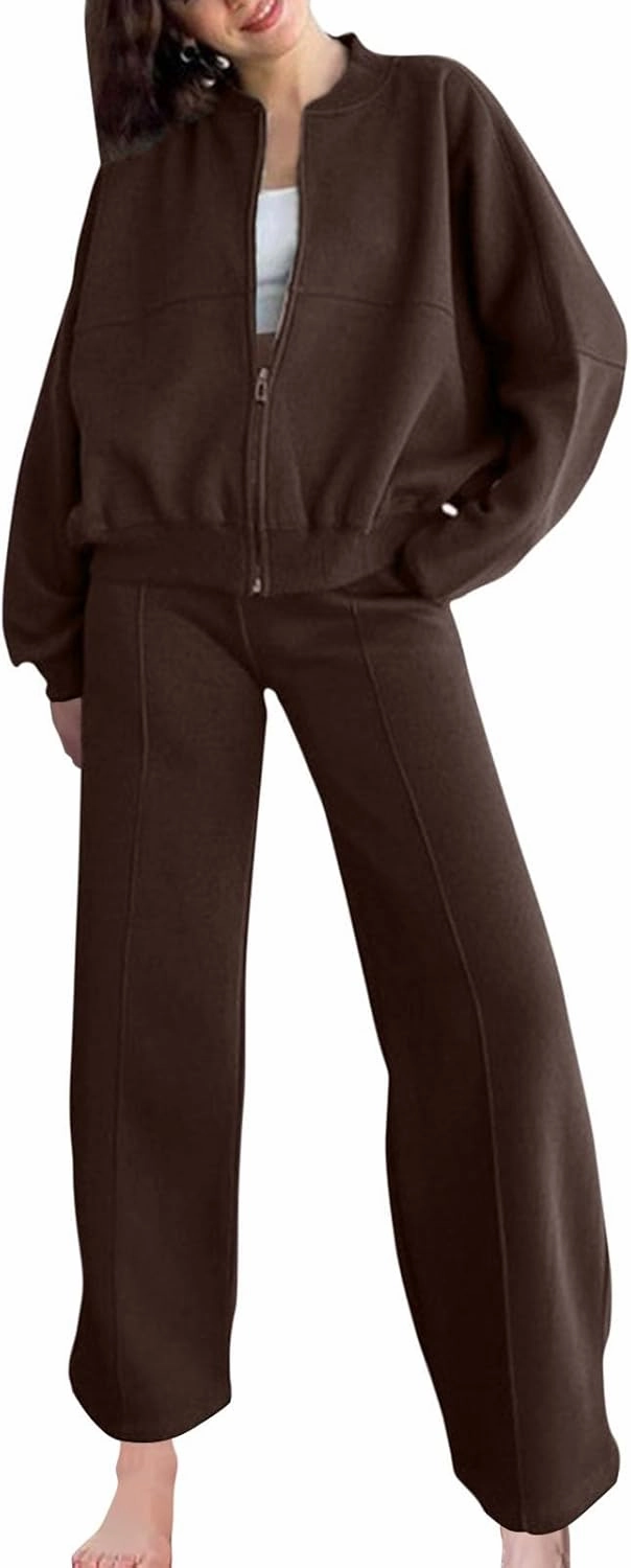 Two Piece Sets for Women Going Out Solid Zipper Sweatsuits Casual Straight Leg Pants Set 2 Piece Travel Outfits