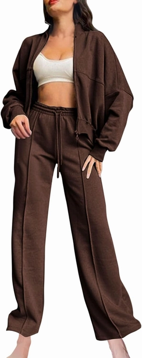 Two Piece Sets for Women Going Out Solid Zipper Sweatsuits Casual Straight Leg Pants Set 2 Piece Travel Outfits