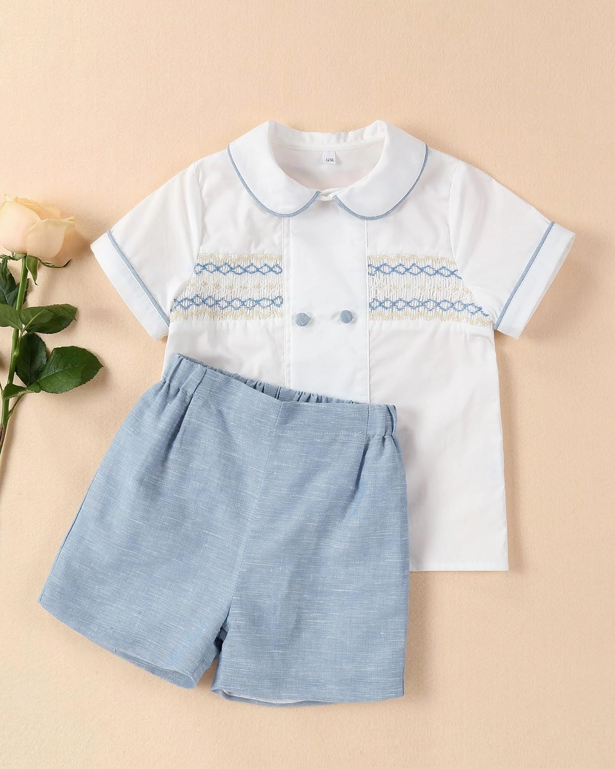 Twoflower Smocked toddler boy outfits Summer Cotton Short Sleeve boys' button-down shirts Casual 2 piece Clothing Set