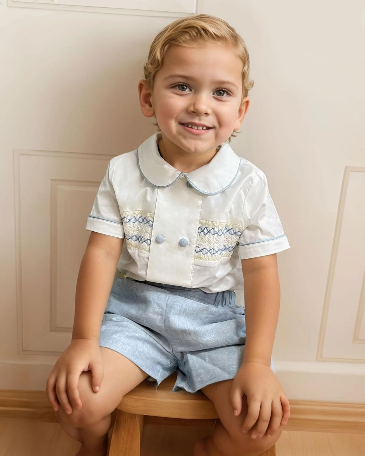Twoflower Smocked toddler boy outfits Summer Cotton Short Sleeve boys' button-down shirts Casual 2 piece Clothing Set