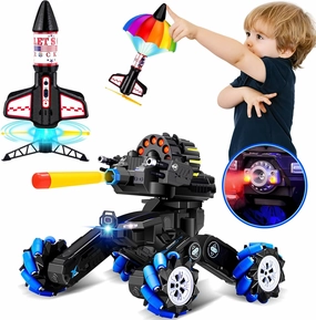 Ultimate Action Set: Gesture Sensing RC Battle Tank & Electric Rocket Launcher - Motorized Air Rocket and Drift Remote Control Tank for Kids Ages 6-12, with Soft Bullets, Light & Music, Launch