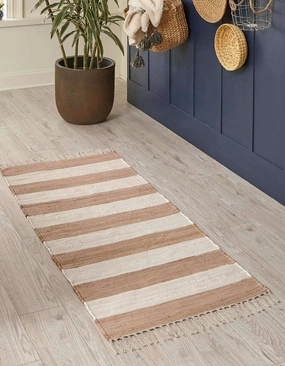 Unique Loom Chindi Rag Collection Area Rug - Striped (2' 2" x 12' 2" Runner, Beige/ Ivory)
