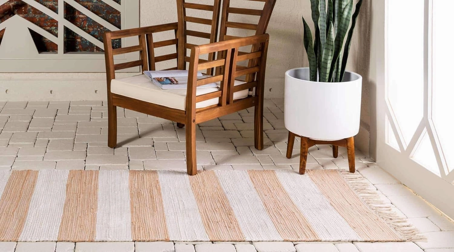 Unique Loom Chindi Rag Collection Area Rug - Striped (2' 2" x 12' 2" Runner, Beige/ Ivory)