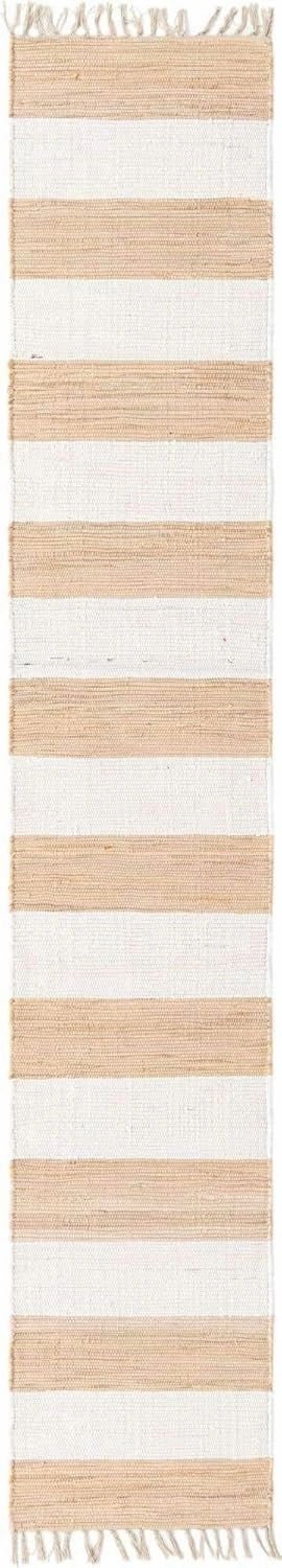 Unique Loom Chindi Rag Collection Area Rug - Striped (2' 2" x 12' 2" Runner, Beige/ Ivory)