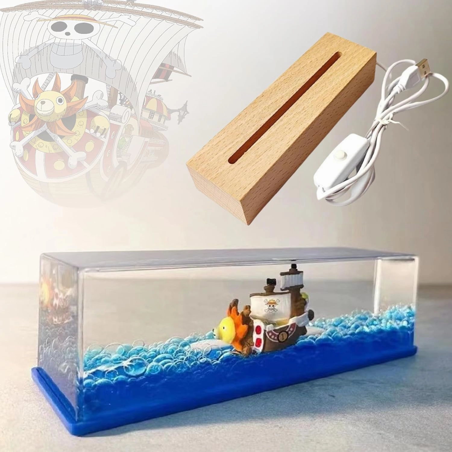 Unsinkable Boat Pirate Ship, Housand Sunny Fluid Drift Bottle, Ship in a Bottle Cruise Ship Model Toy, Suitable, for Car Decor, Home Showcase Desktop Ornaments-Rectangle Light Base
