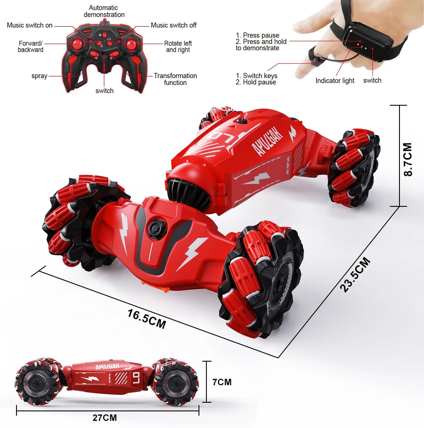 Upgraded Hand Gesture Sensing RC Stunt Car with Lights Music, Spray Drift Hand Gesture RC Car 360° Spins All Terrains Hand Controlled Truck Toys for 6 7 8 9 10 Year Old Boys
