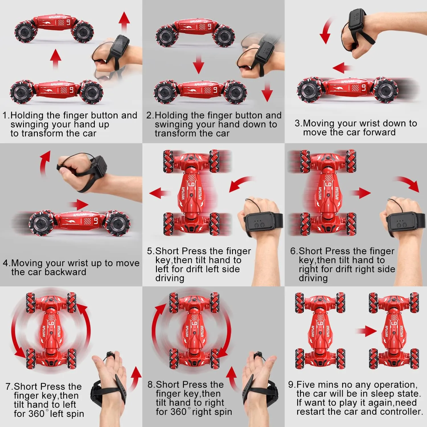 Upgraded Hand Gesture Sensing RC Stunt Car with Lights Music, Spray Drift Hand Gesture RC Car 360° Spins All Terrains Hand Controlled Truck Toys for 6 7 8 9 10 Year Old Boys