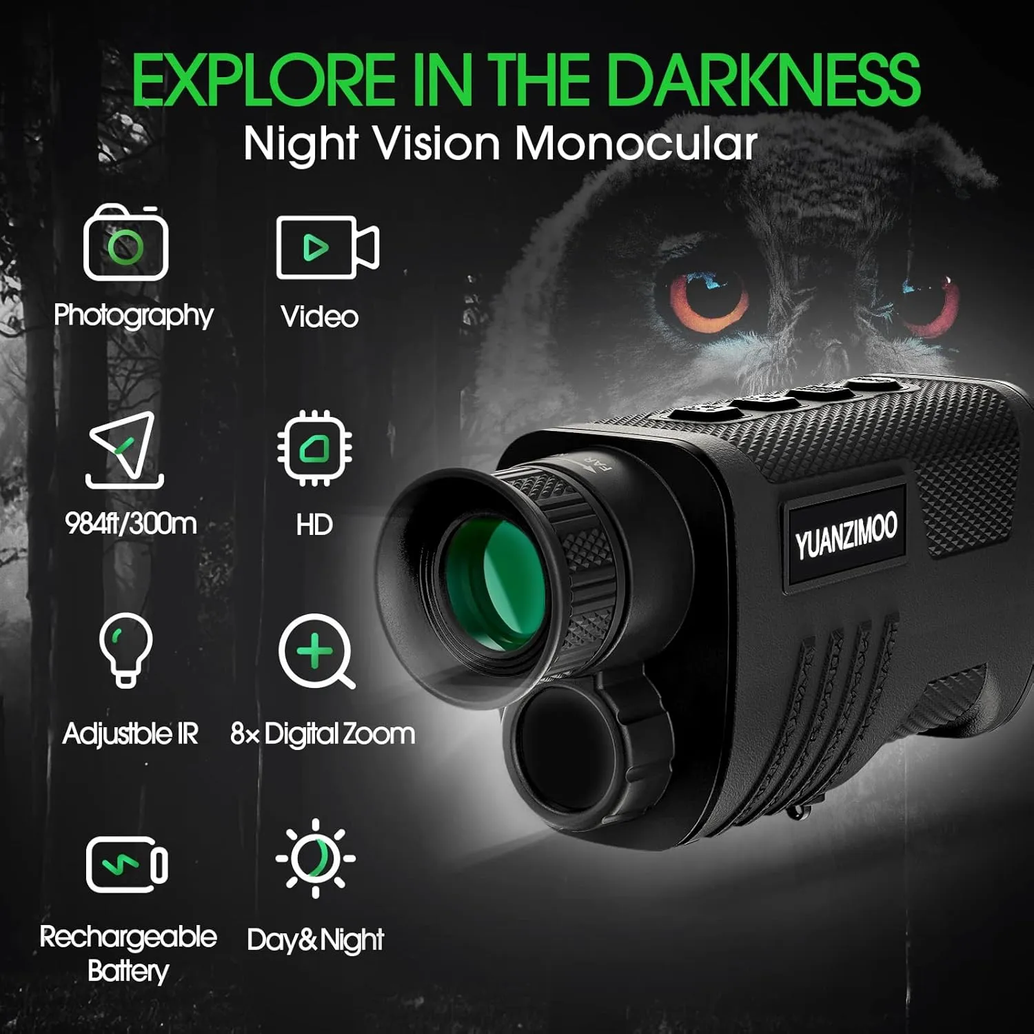 Upgraded Night Vision Monocular Digital Infrared Monocular Telescope for 100% Darkness with 8X Zoom 2000mAh Rechargeable Battery Tripod 32 GB SD Card & Card Reader, for Adult Hunting Camping