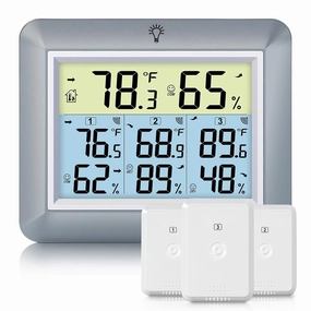 Urageuxy Indoor Outdoor Thermometer Wireless Weather Station with Temperature and Humidity Monitor Digital Hygrometer with 3 Remote Sensors, Min/Max Record,℃/℉ Switcher, Backlight, Grey