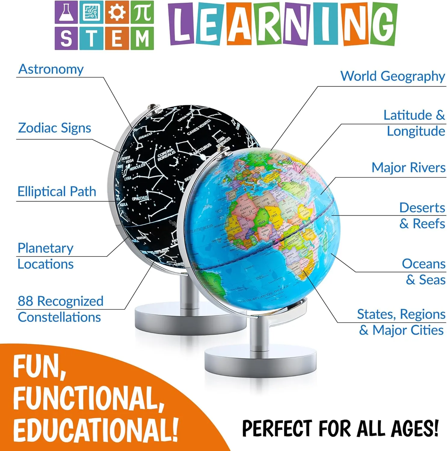 USA Toyz Illuminated Globe for Kids Learning- 3-in-1 STEM Globes of the World with Stand, Constellation Map, Built-in LED Night Light Desk Globe Lamp, Non-Tip Metal Base, 9.75” Tall, 7 Inch Diameter