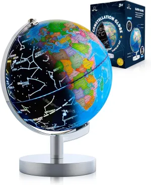 USA Toyz Illuminated Globe for Kids Learning- 3-in-1 STEM Globes of the World with Stand, Constellation Map, Built-in LED Night Light Desk Globe Lamp, Non-Tip Metal Base, 9.75” Tall, 7 Inch Diameter