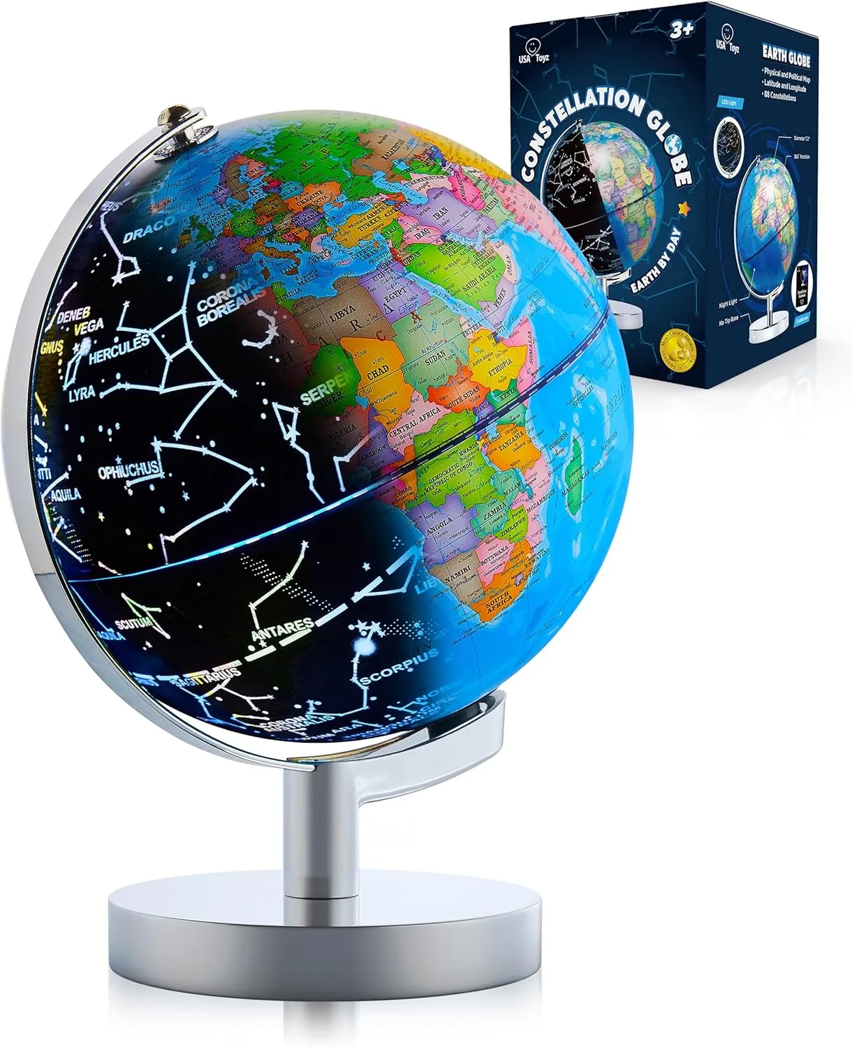 USA Toyz Illuminated Globe for Kids Learning- 3-in-1 STEM Globes of the World with Stand, Constellation Map, Built-in LED Night Light Desk Globe Lamp, Non-Tip Metal Base, 9.75” Tall, 7 Inch Diameter