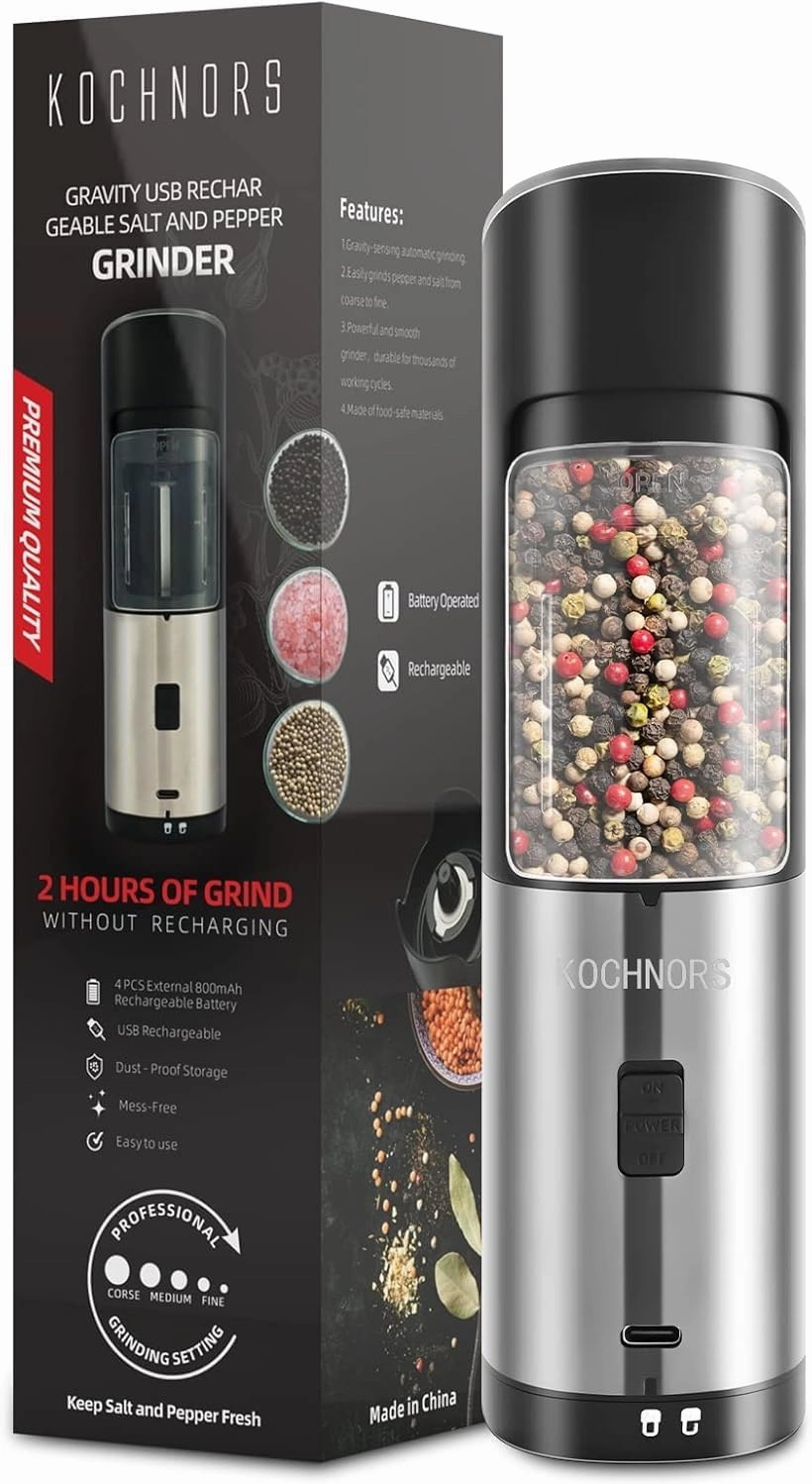 USB Rechargeable Pepper Grinder, Gravity Electric Pepper Grinder with 6 Level Adjustable Coarseness, One Handed Operated Salt and Pepper Grinder for Kitchen, Restaurant and BBQ