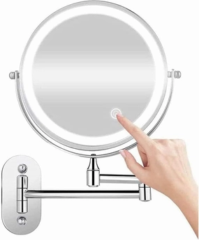 USB Rechargeable Wall Mounted 1X/5X Magnifying Makeup Mirror, Double Sided Vanity Mirror Led Touch Screen Adjustable with 3 Color Lights, 8 Inch Extendable Cosmetic Mirror for Bathroom,Silve