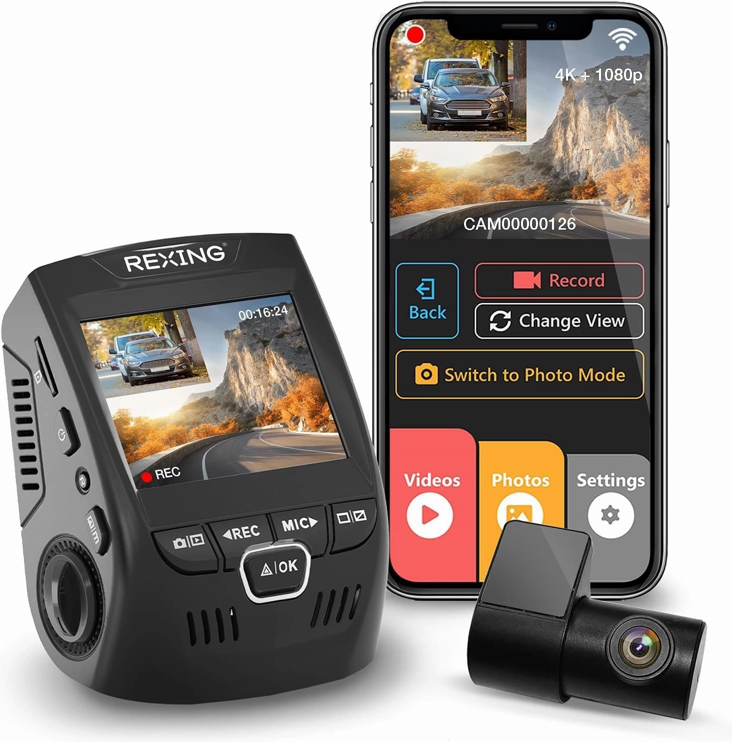 V1P 4K Dual Channel Dash Cam 4K 1080p w/Wi-Fi, 2.4” LCD, 170° Wide Angle, Rear Camera, Supercapacitor, G-Sensor, WDR, Loop Recording, Mobile App