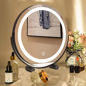 Vanity Makeup Mirror With Lights, 3 Color Lighting Dimmable LED Mirror, Touch Control,High-Definition Large Round Lighted Up Mirror For Bedroom Table Desk 360°Rotation Vanity Mirror ( Color : Black ,