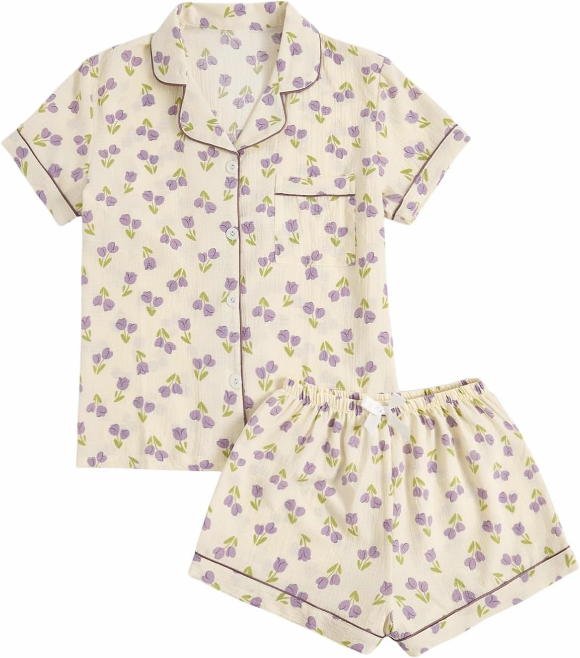 Verdusa Women's 2 Piece Pajama Set Matching Pjs Sets Cute Printed Sleepwear Button Up Shirt with Lounge Shorts Set