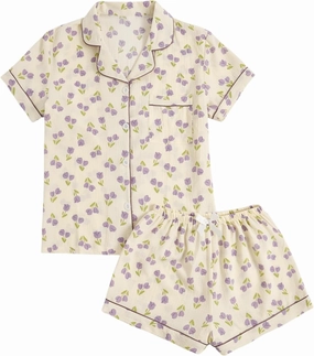 Verdusa Women's 2 Piece Pajama Set Matching Pjs Sets Cute Printed Sleepwear Button Up Shirt with Lounge Shorts Set
