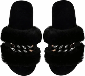 Verdusa Women's Rhinestone Fuzzy Memory Foam Slippers Open Toe Indoor Outdoor House Shoes