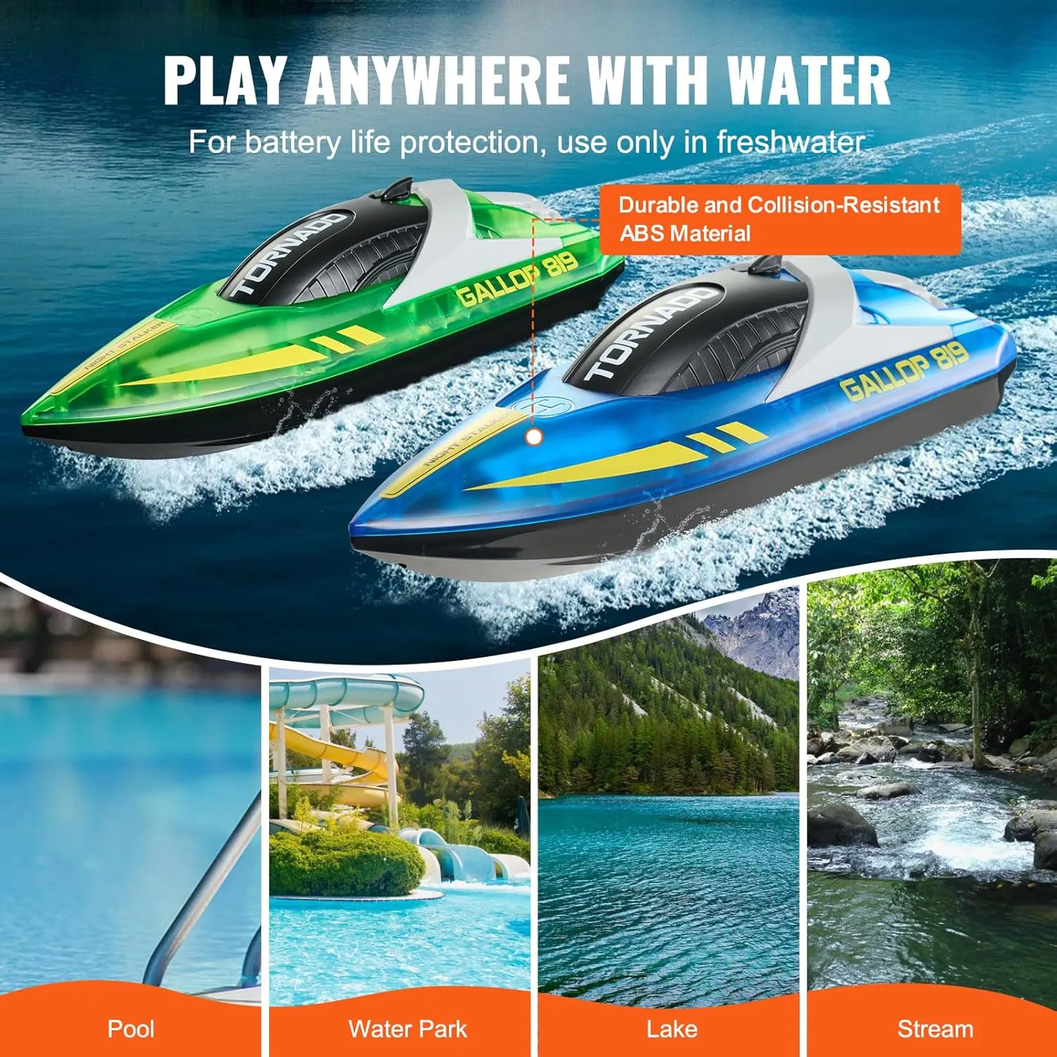 VEVOR RC Boat for Kids, 2Pack Remote Control Boat for Pools & Lakes, Racing Boat with LED Light & 4 Rechargeable Batteries, Whole Body Waterproof, Water Play Toy Gift for Adults Boys & Girls