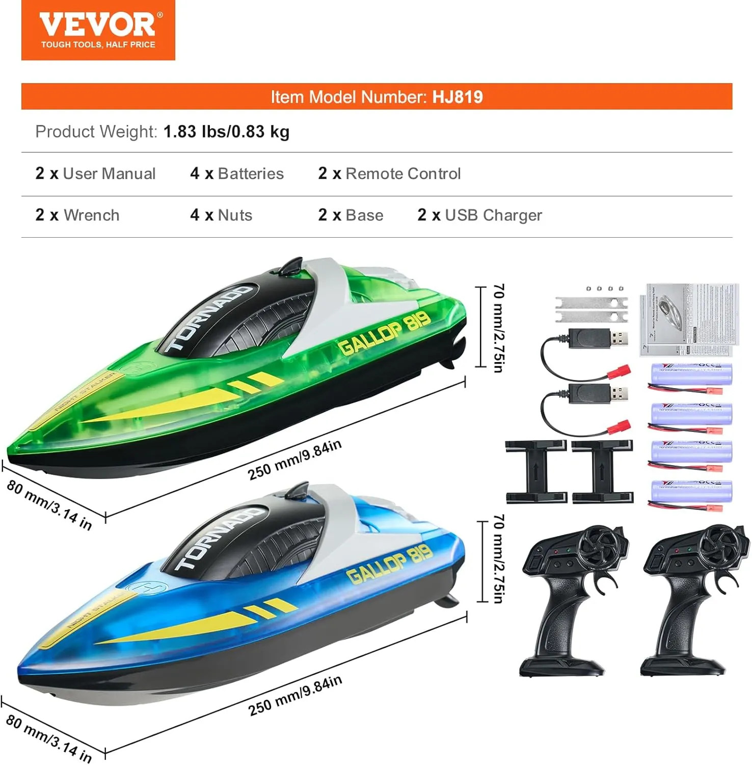 VEVOR RC Boat for Kids, 2Pack Remote Control Boat for Pools & Lakes, Racing Boat with LED Light & 4 Rechargeable Batteries, Whole Body Waterproof, Water Play Toy Gift for Adults Boys & Girls