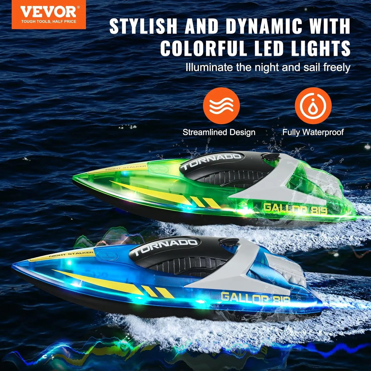 VEVOR RC Boat for Kids, 2Pack Remote Control Boat for Pools & Lakes, Racing Boat with LED Light & 4 Rechargeable Batteries, Whole Body Waterproof, Water Play Toy Gift for Adults Boys & Girls