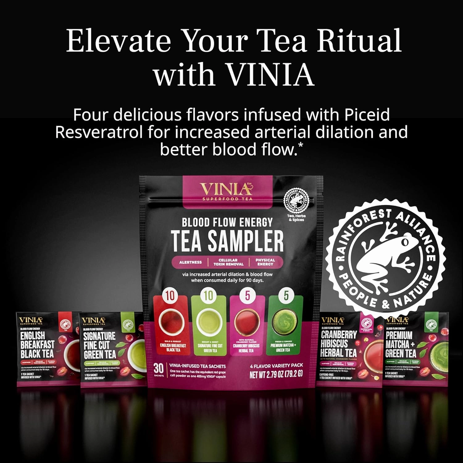 VINIA Tea Sampler, 4 Flavor Variety Pack. Made with Organic Teas, Infused with Piceid Resveratrol for Heart Health, Nitric Oxide, Physical Energy, Alertness, Blood Flow, Keto, Kosher, NON-GMO (30)