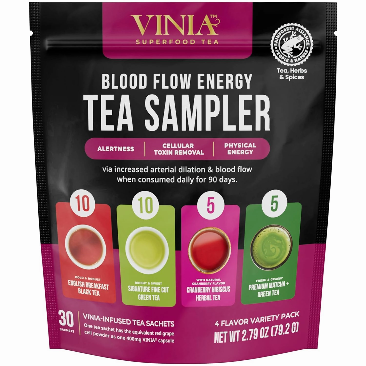 VINIA Tea Sampler, 4 Flavor Variety Pack. Made with Organic Teas, Infused with Piceid Resveratrol for Heart Health, Nitric Oxide, Physical Energy, Alertness, Blood Flow, Keto, Kosher, NON-GMO (30)