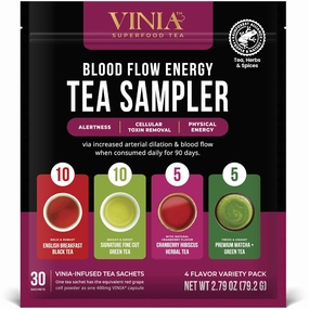 VINIA Tea Sampler, 4 Flavor Variety Pack. Made with Organic Teas, Infused with Piceid Resveratrol for Heart Health, Nitric Oxide, Physical Energy, Alertness, Blood Flow, Keto, Kosher, NON-GMO (30)