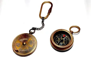 Vintage Style Brass Calendar and Compass Keychain Set, 1.05 inch, Brown Antique Finish, 2 Pieces